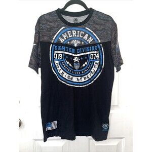 American Fighter Men XL Blue black white Training T Shirt UFC MMA Gym Workout